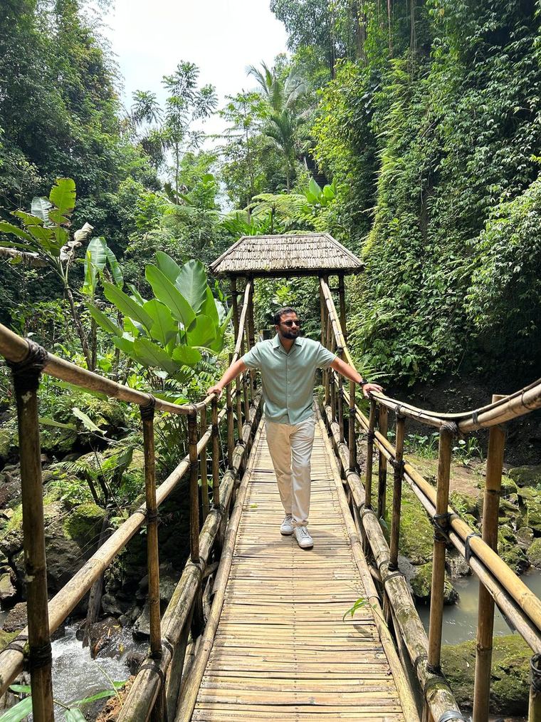 On a bamboo bridge in Bali